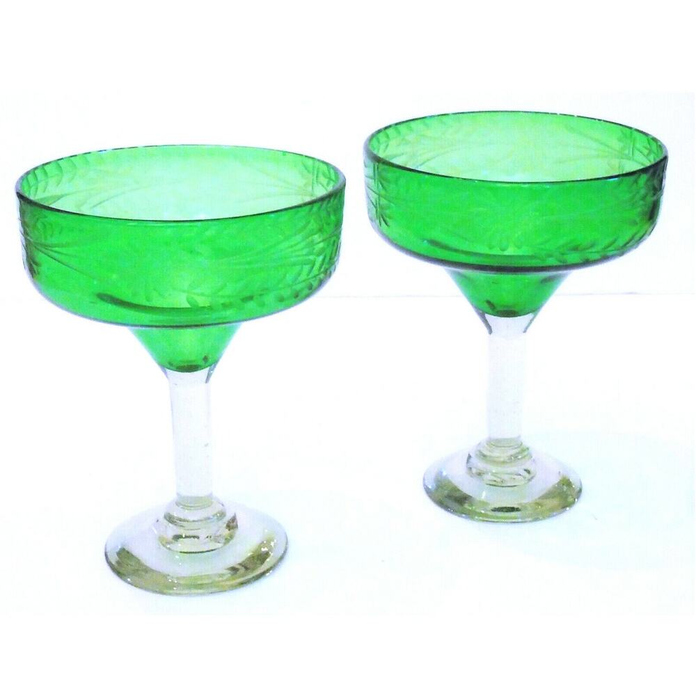 Hand Blown Margarita Glasses 2 Artisan Etched Glass Green Bowl 6.5" Clear Stems